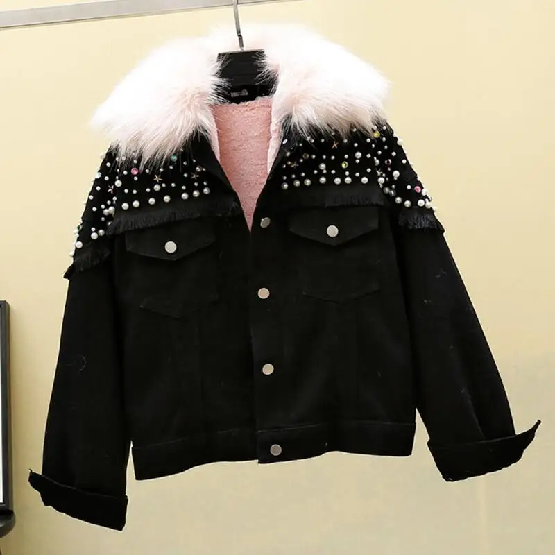 black coat pink fur Зимняя женская джинсовая куртка с мехом, Женская парка, новинка, черное джинсовое пальто женское джинсовое пальто с заклепками и стразами, шерстяная подкладка - Цвет: black coat pink fur