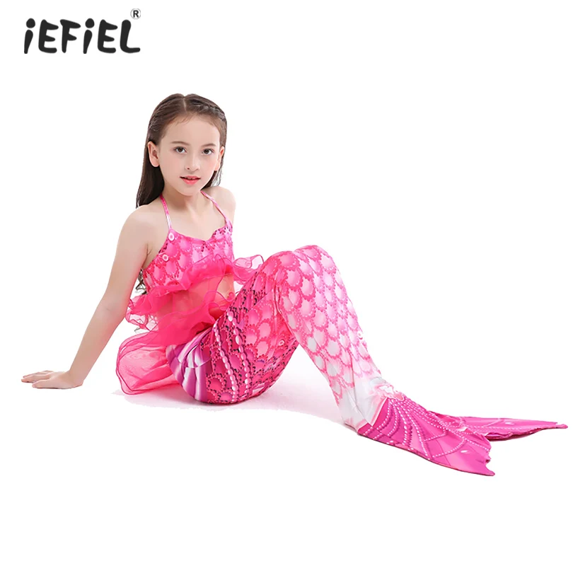 

3Pcs Kids Girls Mermaid Swimwear Costume Ruffled Halter Tops with Bottoms Mermaid Tail Bikini Swimsuit Bathing Suit Beachwear