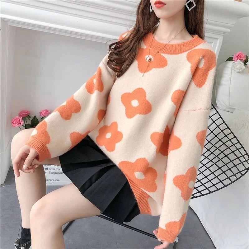 

Flower Knitted Sweater Women Green Oversized Pullovers Sweater New Winter Clothes Loose Long Sweaters Streetwear Vintage Sweater