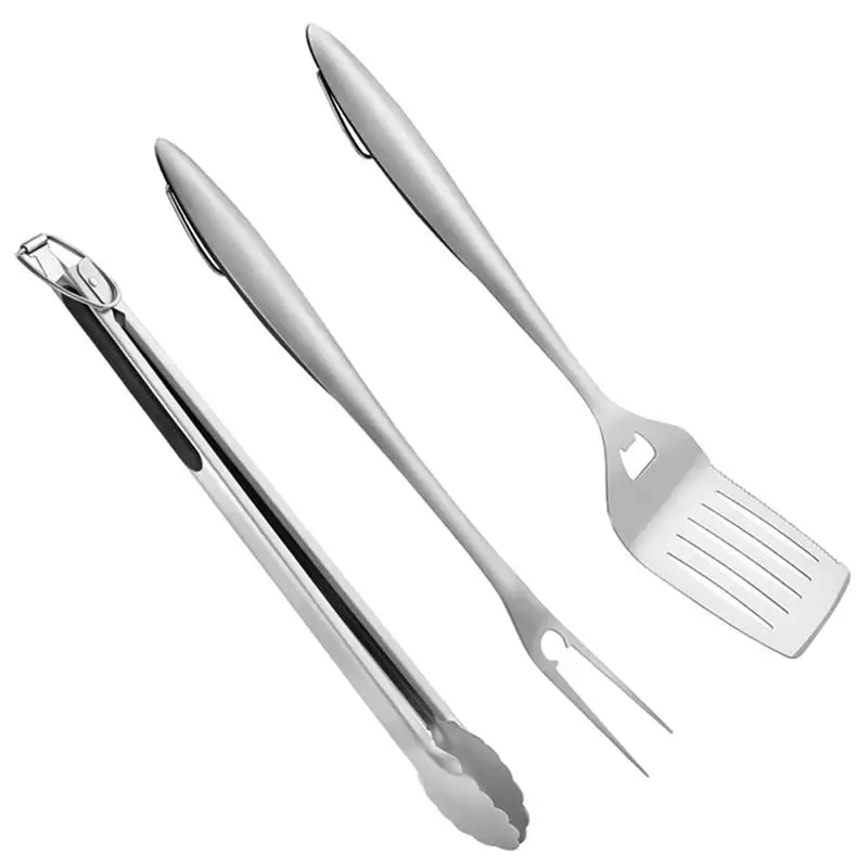 

3pcs/set Stainless Steel Grill Utensil Barbecue Spatula Fork Tongs Portable Multifunction BBQ Utensil Set Kitchen Tools