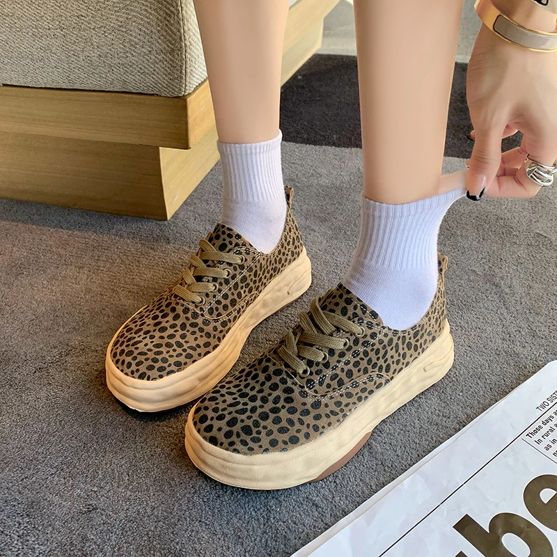 

2021 Autumn New Shallow Leopard Canvas Shoes Women's Shoes Fashion Versatile Thick Soled Casual Lace-up Flat Platform Lady Shoes