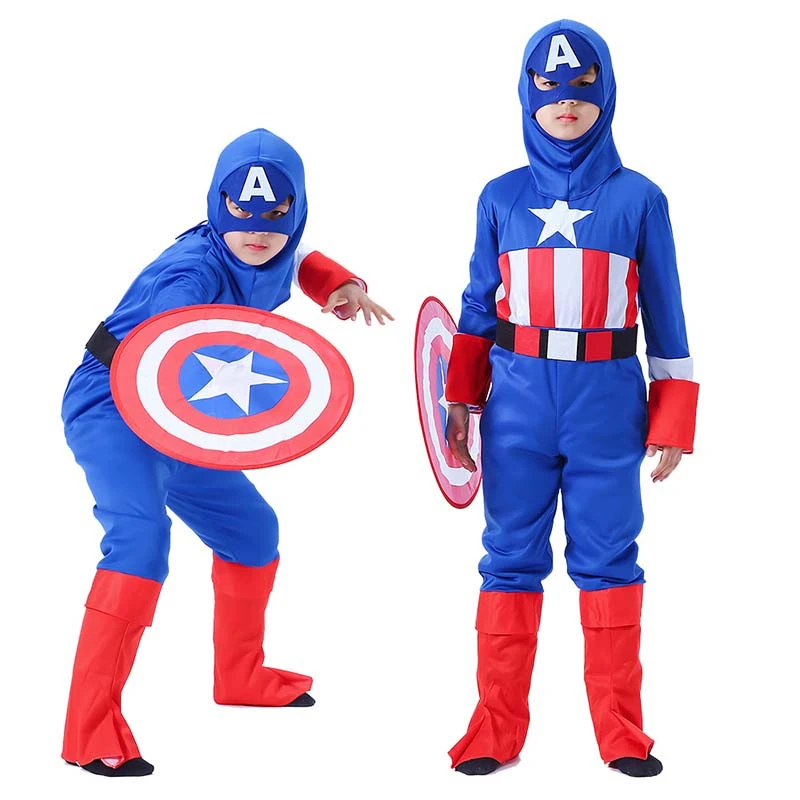Halloween Cosplay Boys Kid Clothes Captain America Jumpsuit Matching Headgear Shield 3T-8T Carnival Role Play Prom Gown Costume | Детская