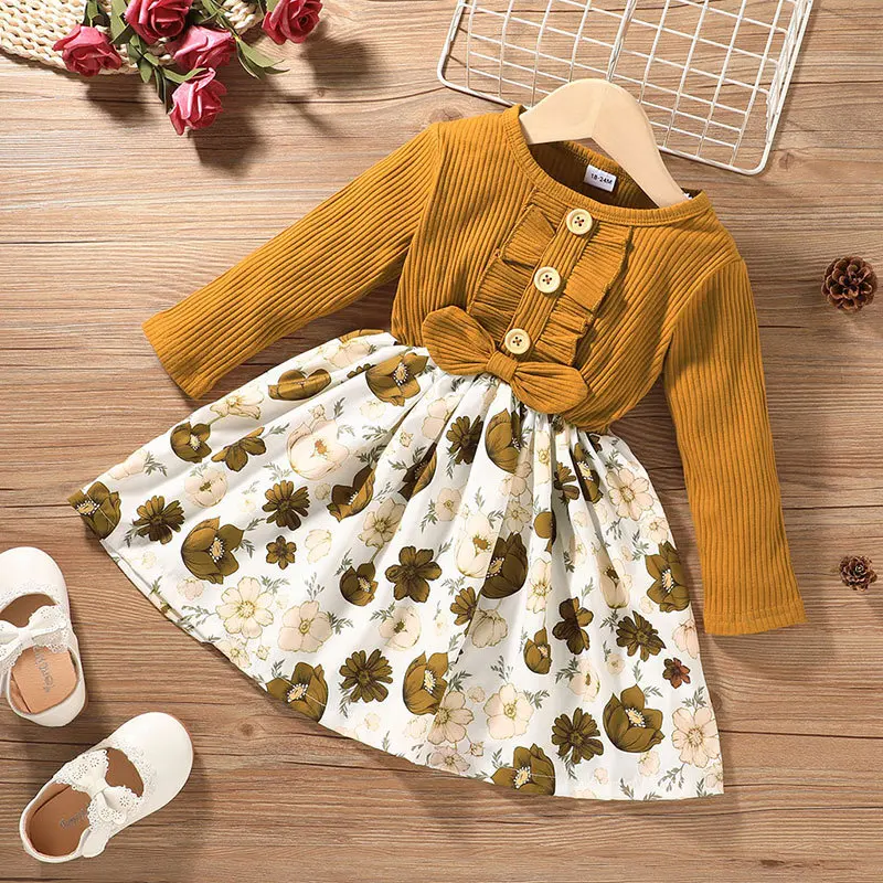 Outong-vestido de Oto&ntilde;o de manga larga para ni&ntilde;os, ropa informal con volantes y estampado de flores para beb&eacute;s de 1 a 6 a&ntilde;os-2