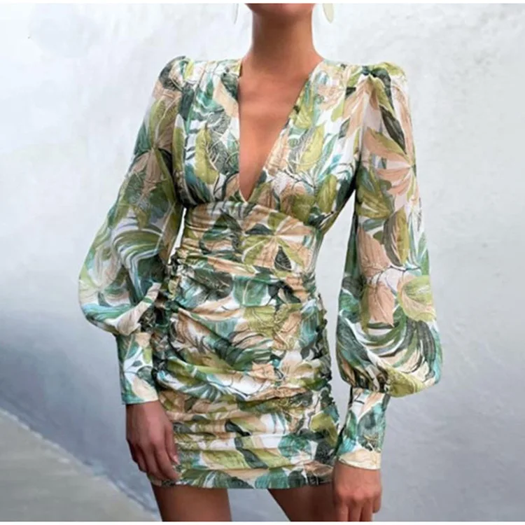 

Elegant women's printed bubble sleeve dress autumn new bohemian dress temperament celebrity V-neck wrinkled tight miniskirt