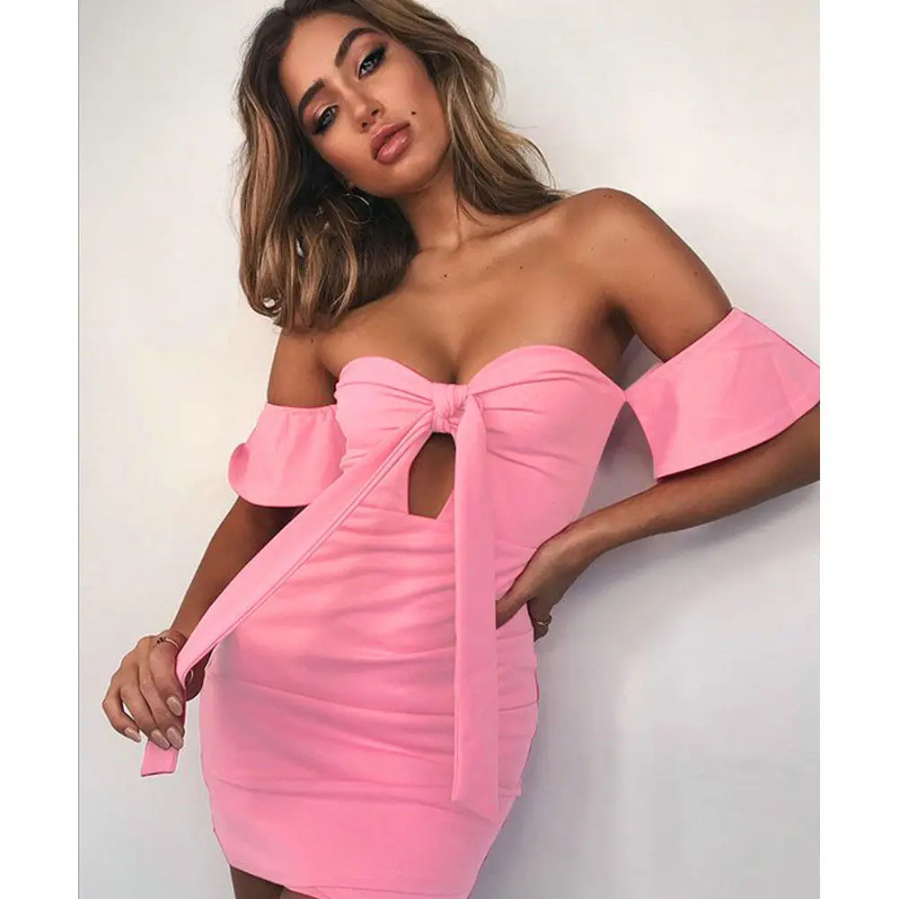 

Summer Women Sexy Fashion Short Sleeve Slash Neck Short Skinny Sheath Hollow Out Night Party Holiday Sundress Mini Dress