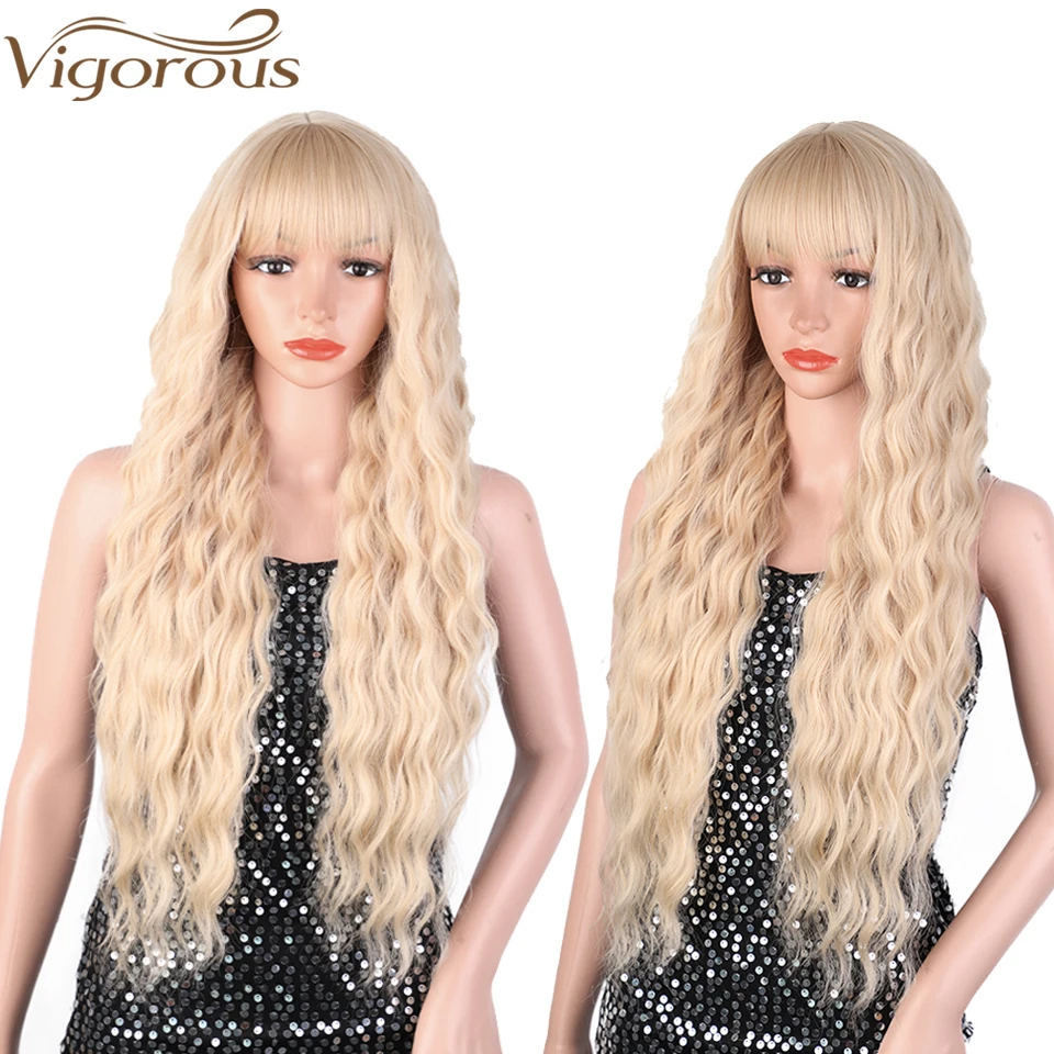 

Волнистый синтетический длинный парик с челкой, парики блонд для женщин, естественный вид, высокая температура, парик для косплея, вечерние ...