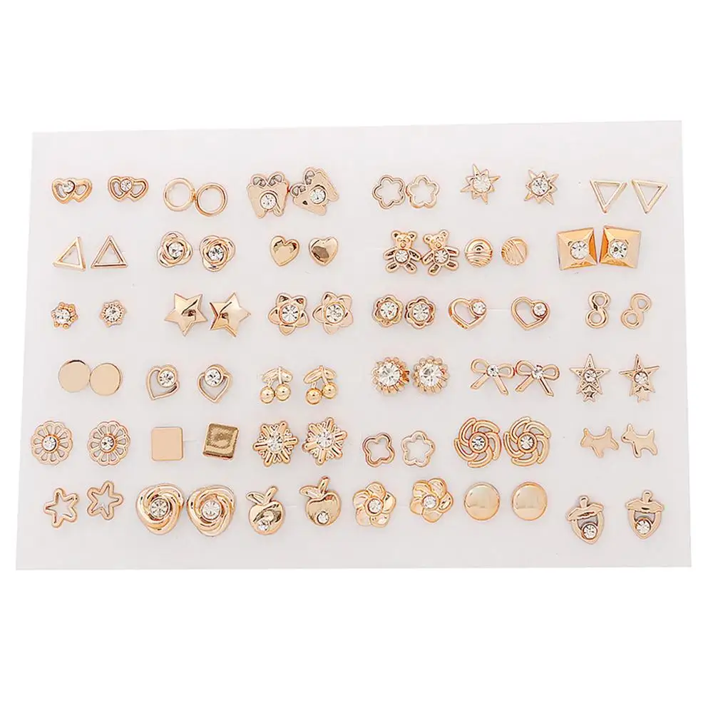 

36Pairs/Set Gold Color Earrings Mixed Styles Rhinestone Flower Geometric Heart Star Plastic Stud Earrings Set For Women Jewelry