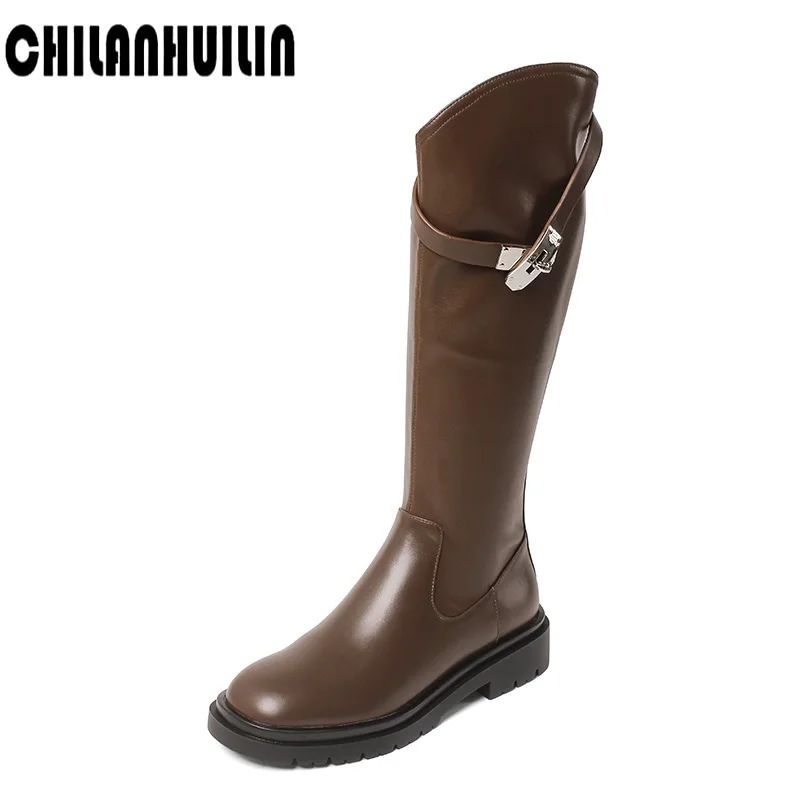 

soft leather high waterproof platform thick high heel round toe buckle knee-length boots mixed leather platform knee high boots