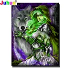 Алмазная живопись Фэнтези девочка и волк, вышивка крестиком, полная квадратная круглая Алмазная вышивка, набор кристаллов с зелеными животными для леди, настенное искусство