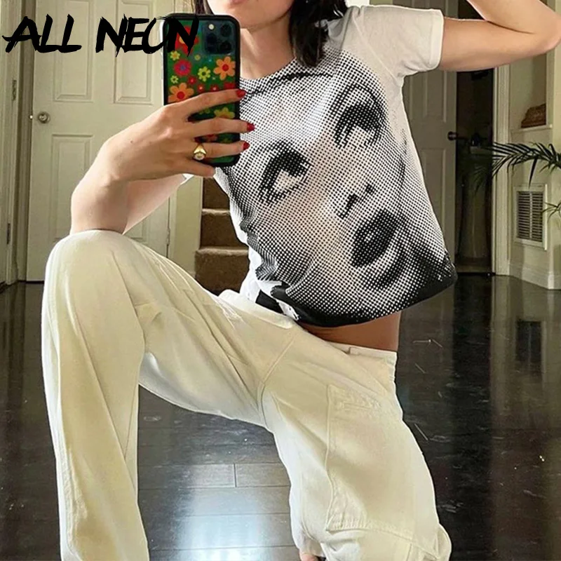 

ALLNeon Y2K Aesthetics Short Sleeve Graphic Tees Streetwear E-girl Fashion O-neck Art Print Cute T-shirts Casual Tops Summer New