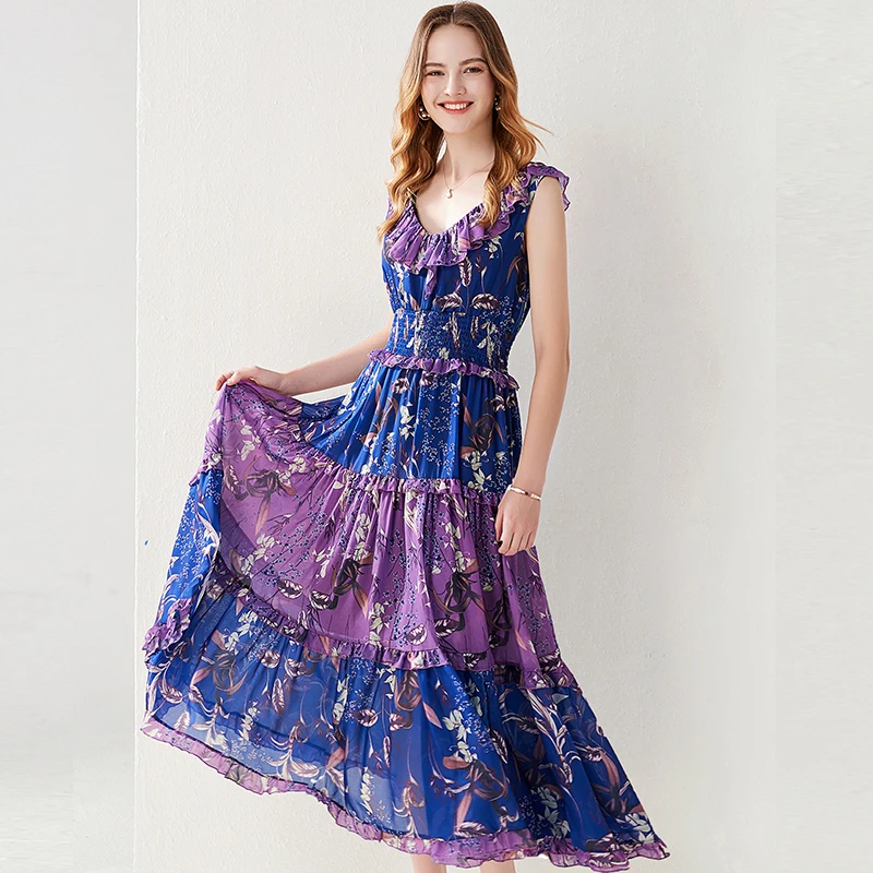 

Модельное осеннее праздничное платье макси JSXDHK в стиле бохо, элегантные женские шифоновые длинные платья с оборками и фиолетовым цветочным...