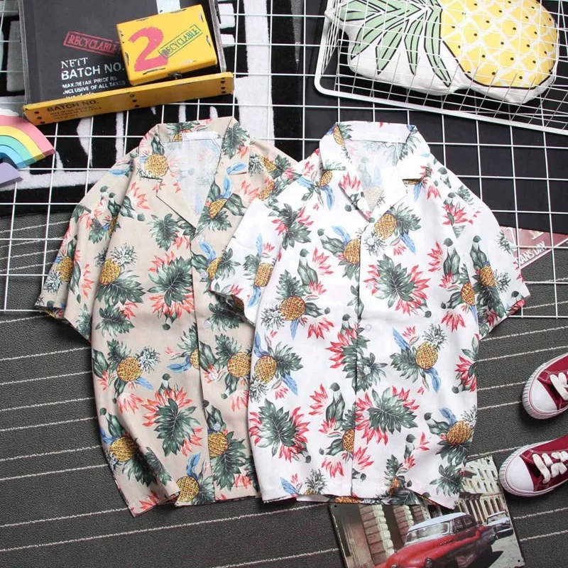 

Мужская Повседневная рубашка, летняя гавайская рубашка с коротким рукавом, Алоха, мужская рубашка с пуговицами, цветочным принтом и ананаса...