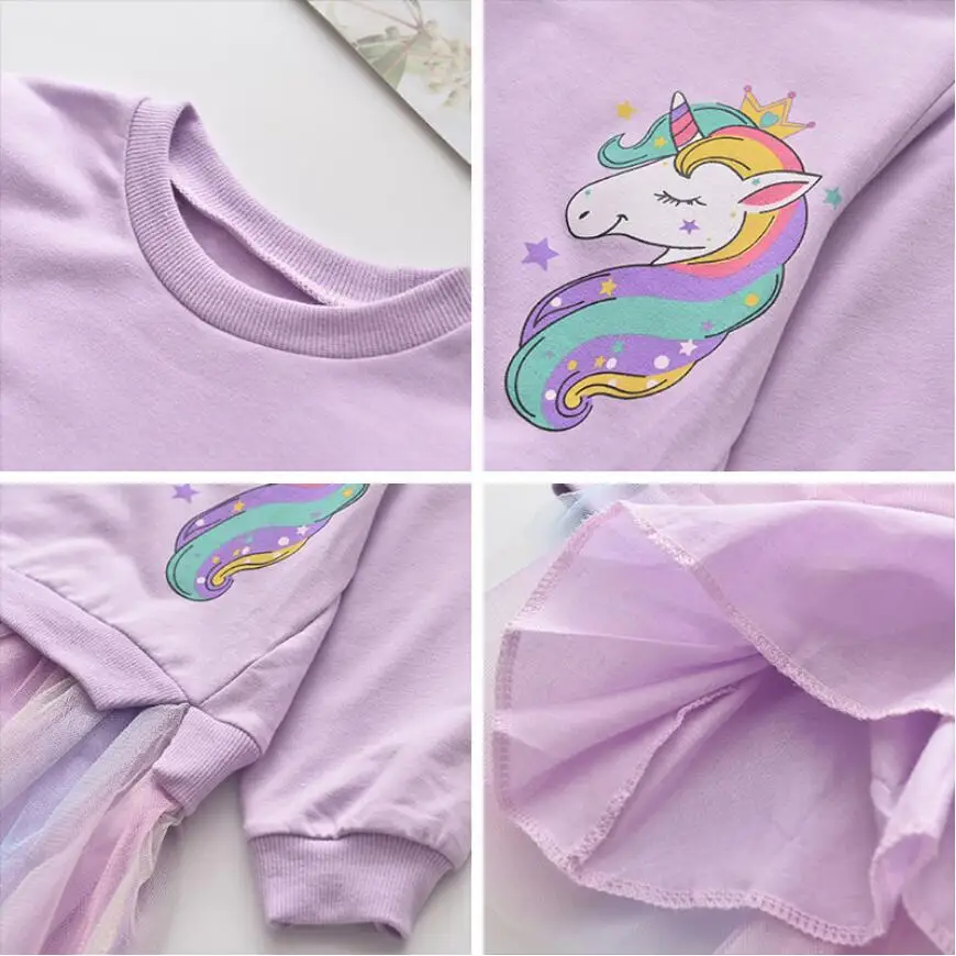 

Girls Children Spring Autumn Unicorn Dress Kids Cartoon hoodie mesh Mosaic dress Girls Fancy Unicorn Costume