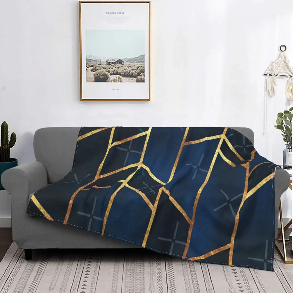 

Manta de tela escocesa con diseño geométrico para cama, cobertor de 3 capas con diseño de piedras doradas, color azul marino, pa