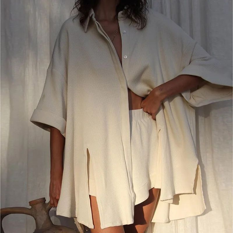 

Summer Solid Tops And Shorts Women Two Piece Sets Autumn Long Sleeve Shirt Outfits Casual Turn-down Collar Button Suits Homewear