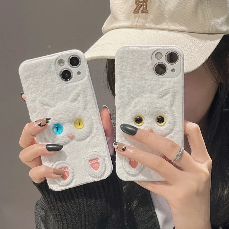 

3D милый мультяшный Кот Пушистый Плюшевый чехол для телефона iPhone 11 12 13 Pro XS Max X XR 7 8 Plus зимняя Противоударная мягкая задняя крышка