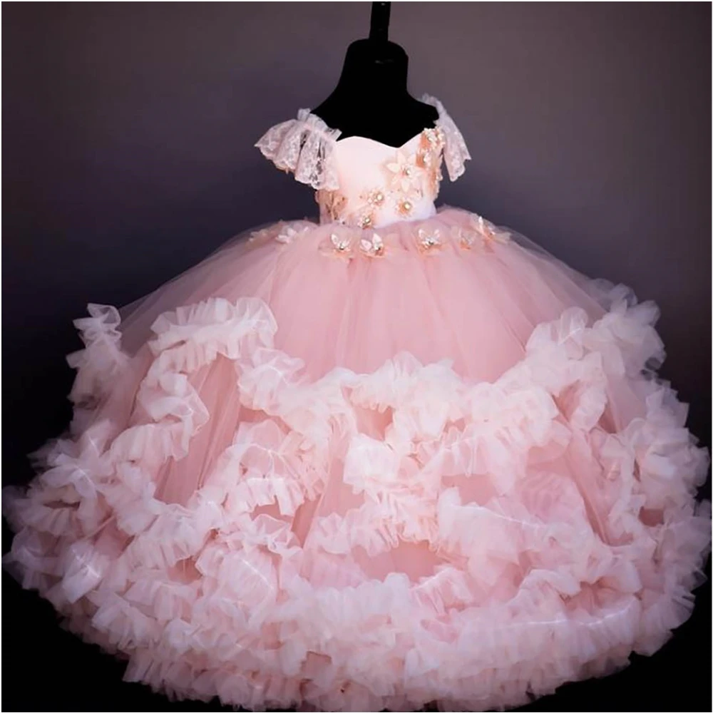 

V-Neck Kids Formal Wear Baby Children Party Dress Tulle Girls Pageant Birthday Christmas Sleeveless Beaded Flower Girls Dresses