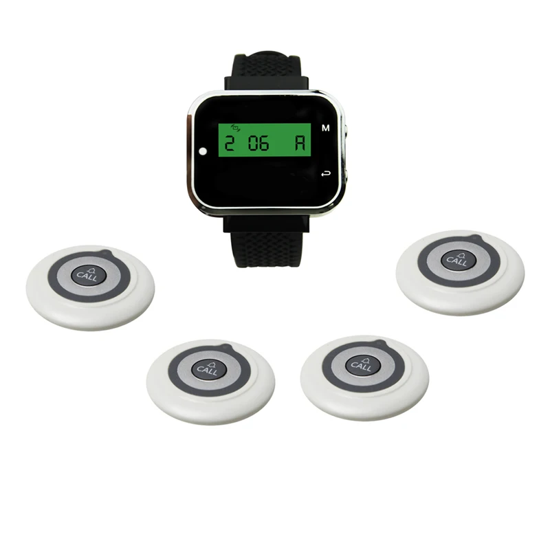 Waiter Calling Systems Factory Hotel Cafe Buttons Wireless Restaurant Bells 4 Transmitters+1 Watch Pager