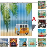 decorative series polyester fabric shower curtain cartoon van with surfboard beside the sea