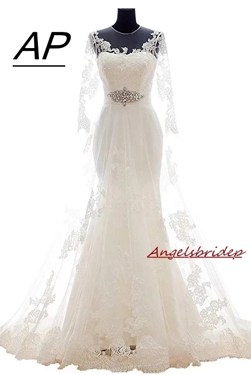 

Angelsbridep Scoop Neck Mermaid Wedding Dresses 2021 Tulle With Lace Wrap Chapel Train Vestido De Noiva Long Sleeves Bride Gowns