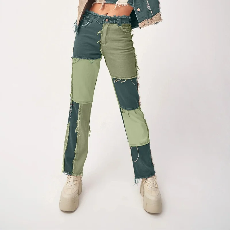

2021 High Elastic Stitching Raw Edge Women's Straight-leg Jeans Hip Hop Disco Pants Ladies High Street Casual Trousers