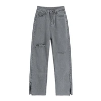2022 high waist grey ripped jeans women streetwear baggy harajuku wide leg jeans female trousers vintage straight long pants