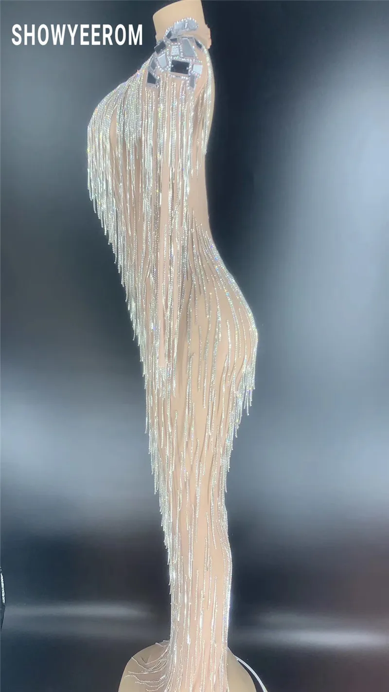Блестящее серебряное длинное платье стразы из эластичной ткани женское на день