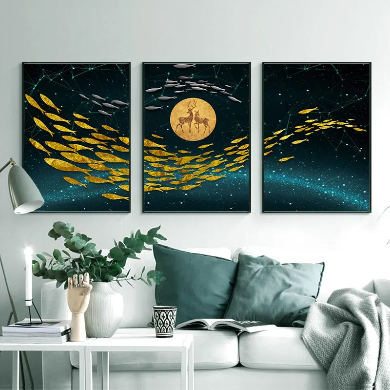 Абстрактный солнце Лось темно-синий настенный художественный постер на холсте
