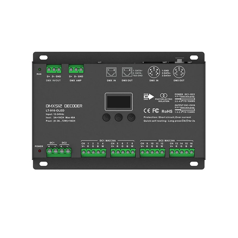 Новый светодиодный DMX-PWM декодер DC12-24V Вход 3A * 16CH Max 48A 1152W Выход XLR-5/RJ45/Зеленый