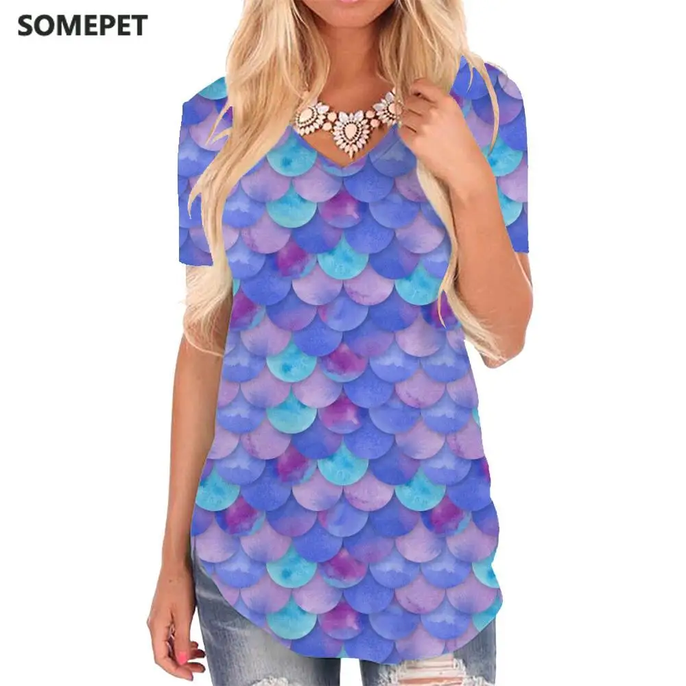 

SOMEPET Mermaid T-shirt women Gradient Shirt Print Colorful V-neck Tshirt Harajuku Funny T shirts Womens Clothing Fashion Cool