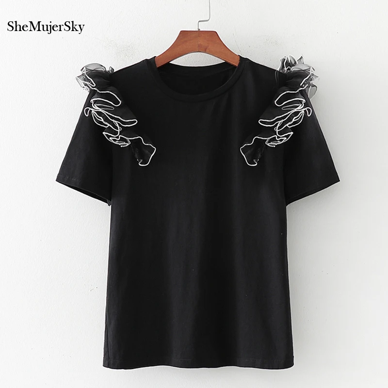 

SheMujerSky O-neck Black Tshirt Summer Short Sleeve Ruffles Tops 2020 Casual Ladies Tee Shirt femme