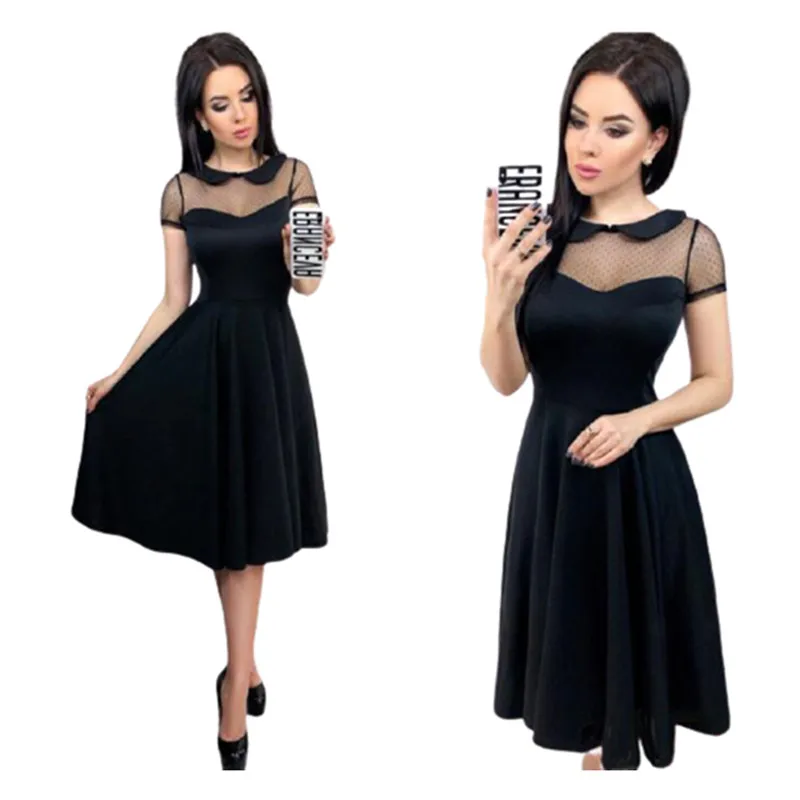 

New Women Summer 2019 Women Dress Sexy Mesh Short Sleeve Slim Female Dress Lacing Splice Solid Knee-Length Summer Dress Womens