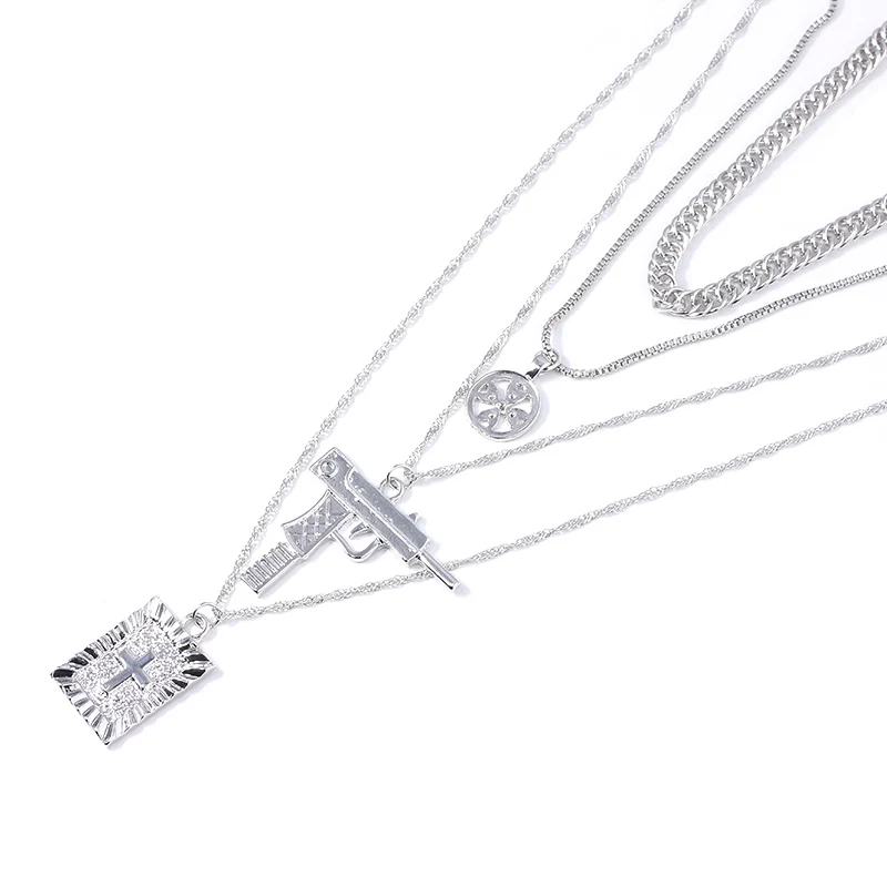 

Hip Hop Jewelry Long Multi Layer Cross Gun Necklace Punk Retro Clavicle Chain Pendant Necklace Streetwear Harajuku Jewelry