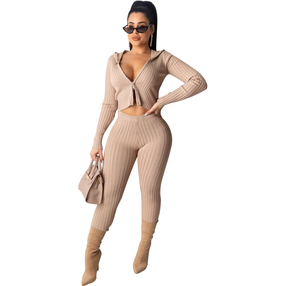 Модный вязаный ребристый комплект из двух предметов укороченный топ на молнии с