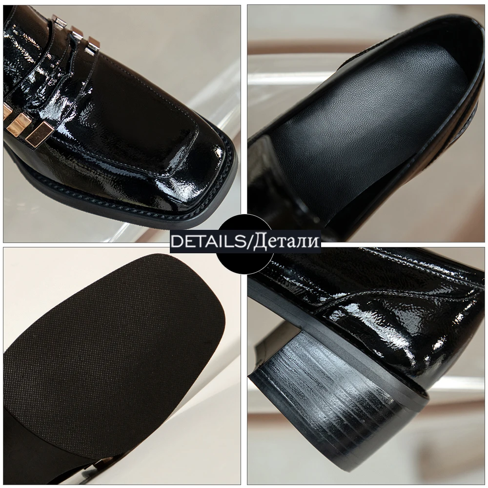 

WETKISS Women Genuine Leather Chunky Heel Flats Rubber Skid Proof Slip On Shoes Leather Metal Decor Retro Girls Shoes 2021