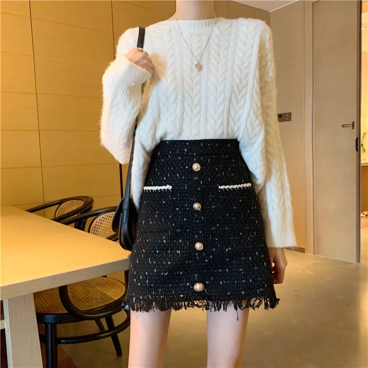 

2020 wild winter skirt ladies fat high waist fringed a-line skirt