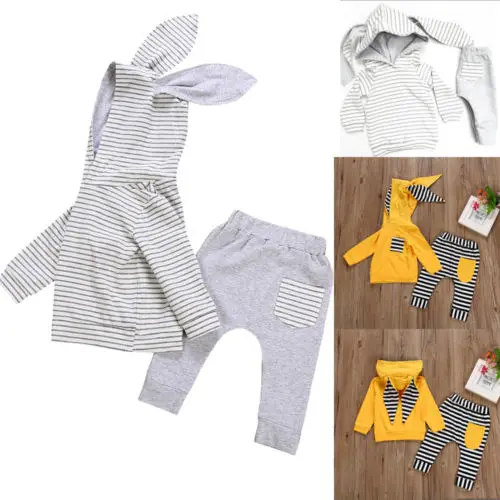 2Pcs Newborn Infant Kid Toddler Baby Boys Girls Clothes Bunny Hooded Cotton Popular Tops +Pants Outfits Set 0-24M |
