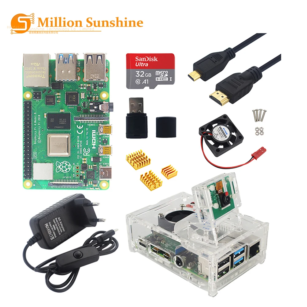 Verkaufen Raspberry Pi 4 Kit 4G RAM Bord Mit Acryl Abdeckung 5MP Kamera 3A Power Heizkörper Für Raspberry Pi 4 Typ B RPI5