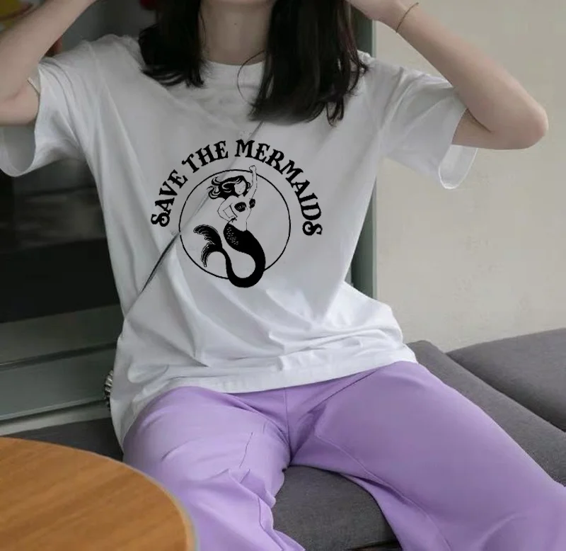 

VIP HJN Save The Mermaids Women Summer Cute Graphic Tee Casual Short Sleeves T-Shirt Green
