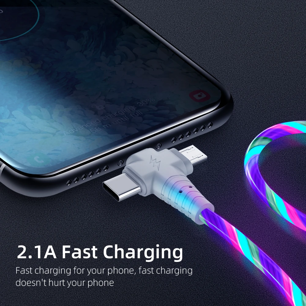 3 in 1 led luminous micro usb type c glowing charging cable for iphone 13 12 11 pro huawei xiaomi note cell phone charger cable free global shipping