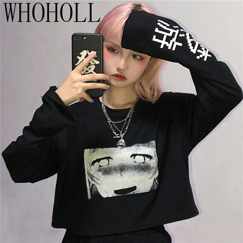 

2020 Autumn Long Sleeve T-shirts Women Hip Hop Fashion Ins Chinese Words Cartoon Print Harajuku Loose Short Black T-shirt