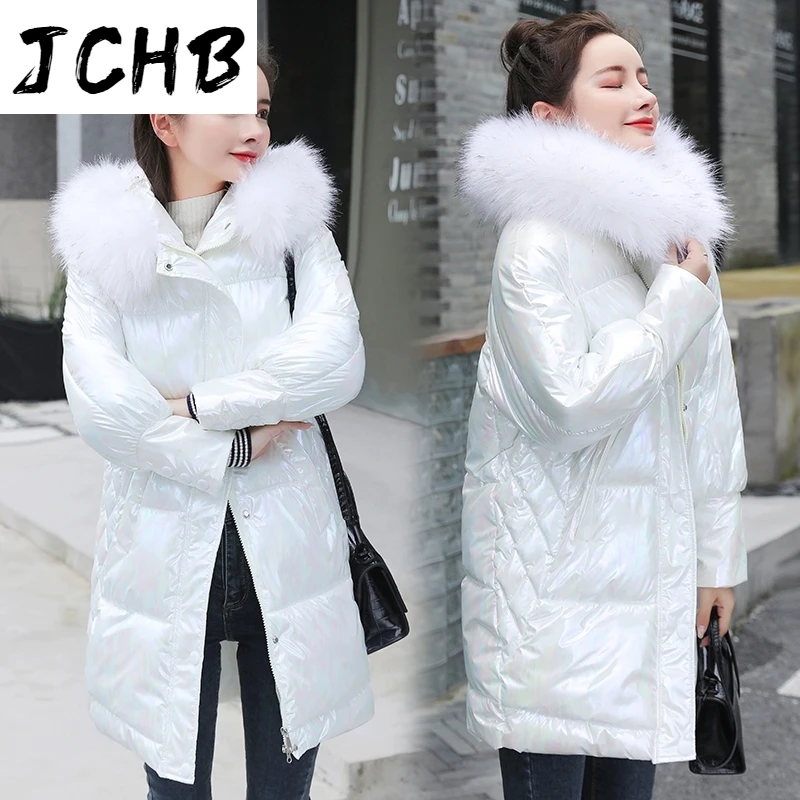 

JCHB 2021 Women's Winter Long Jacket Shiny Long Thick Coat Ladies Solid Hooded with Fur Collar Korean Style Plus Size Parkas Wom