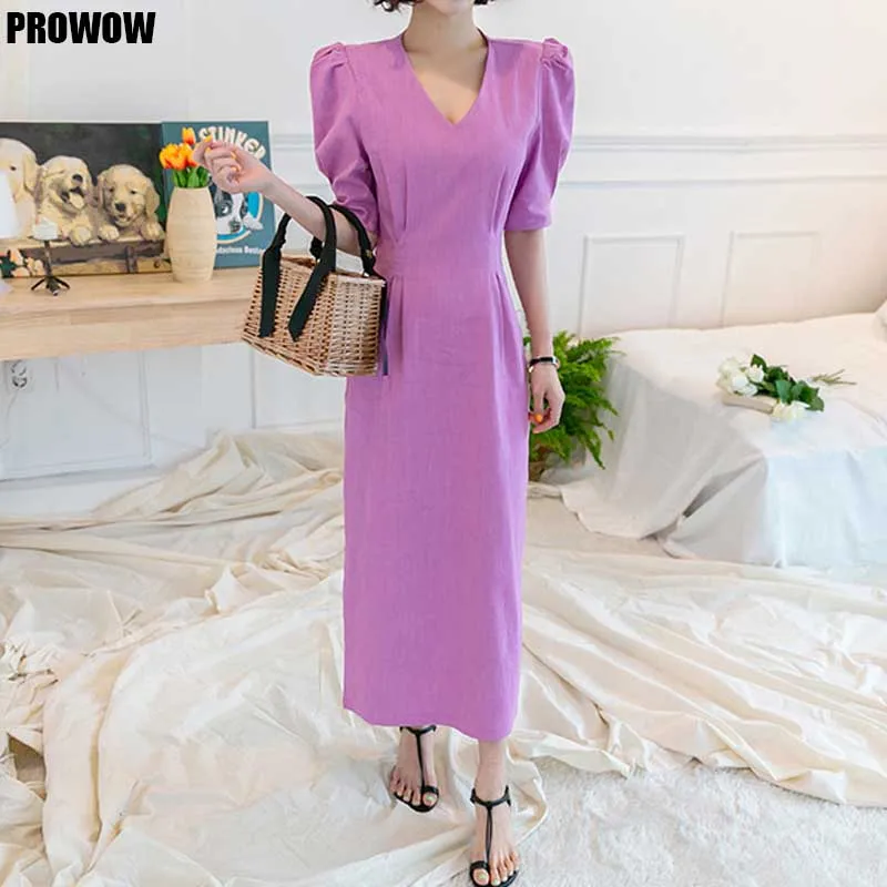 

One-Piece Elegant Women Office Dress 2021 Summer Fashion Slim V-Neck Puff Sleeve Dress Korea Lady Party Holiday Dress Midi Dress