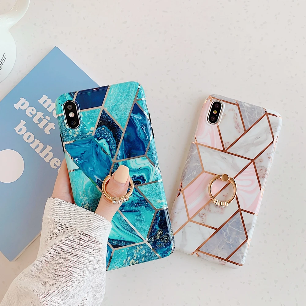 Геометрический мраморный чехол для iPhone XS с кольцом-держателем Роскошный