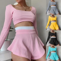 2 piece set short pant blouse women clothing workout gym fitness sportswear crop top sports pant high waist outfit suit casual a