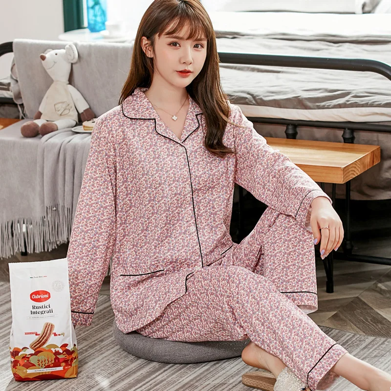 Autumn Ladies Pajamas Cotton Long-sleeved Trousers Two-piece Women's Casual Loose Plus Size Home Wear Fashion Trend Pajamas
