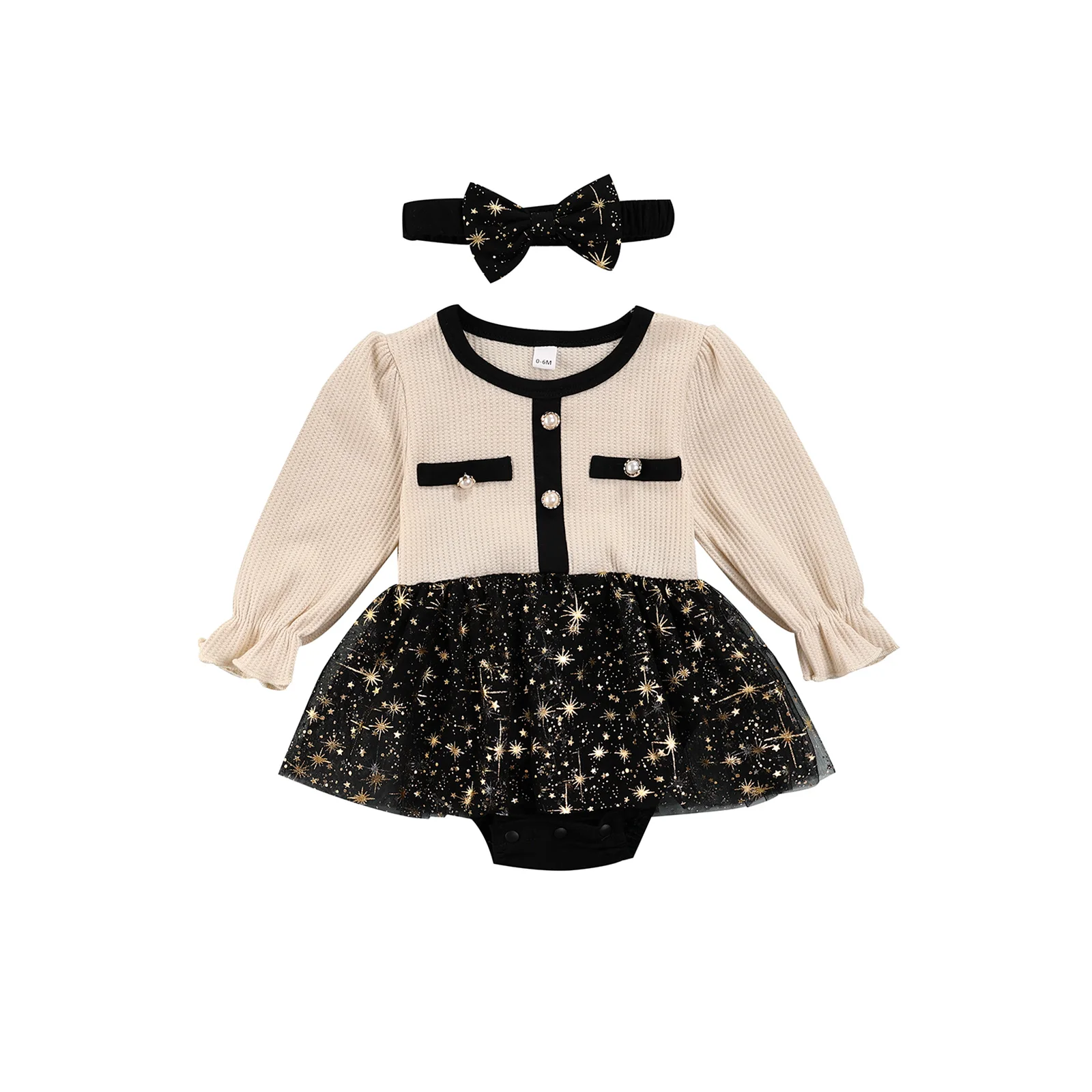 

Комплект для новорожденных из 2 предметов, костюм с принтом звезд, цветной комбинезон с пышными рукавами и круглым вырезом для маленьких дев...