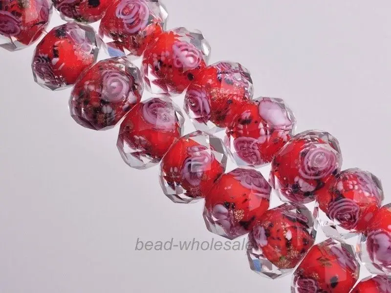 Red with Flower 12 мм x 8 мм роза цветок лэмпворк стеклянные бусины для изготовления ювелирных изделий Кристалл муранского Рондель Сделай Сам бисер подвеска Аксессуары для рукоделия - Цвет: Red with Flower