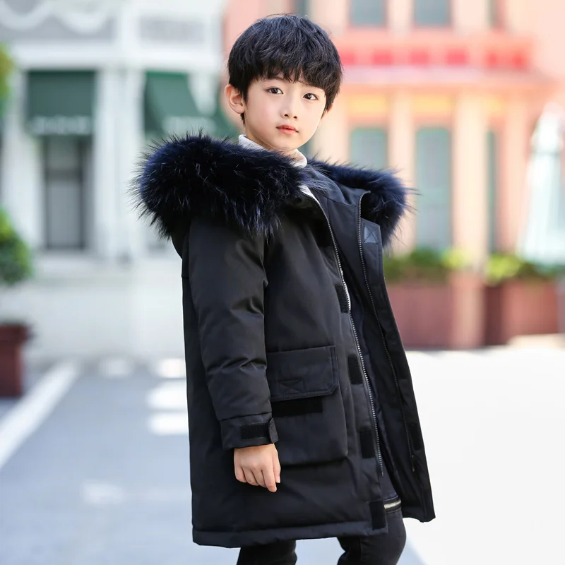 Модные пуховики для мальчиков теплые Детские Пуховые парки Пальто с натуральным