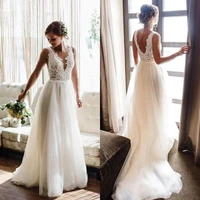 simple ivory sleeveless long wedding dresses a line lace tulle v back boho country bridal gown spring summer beach wedding dress